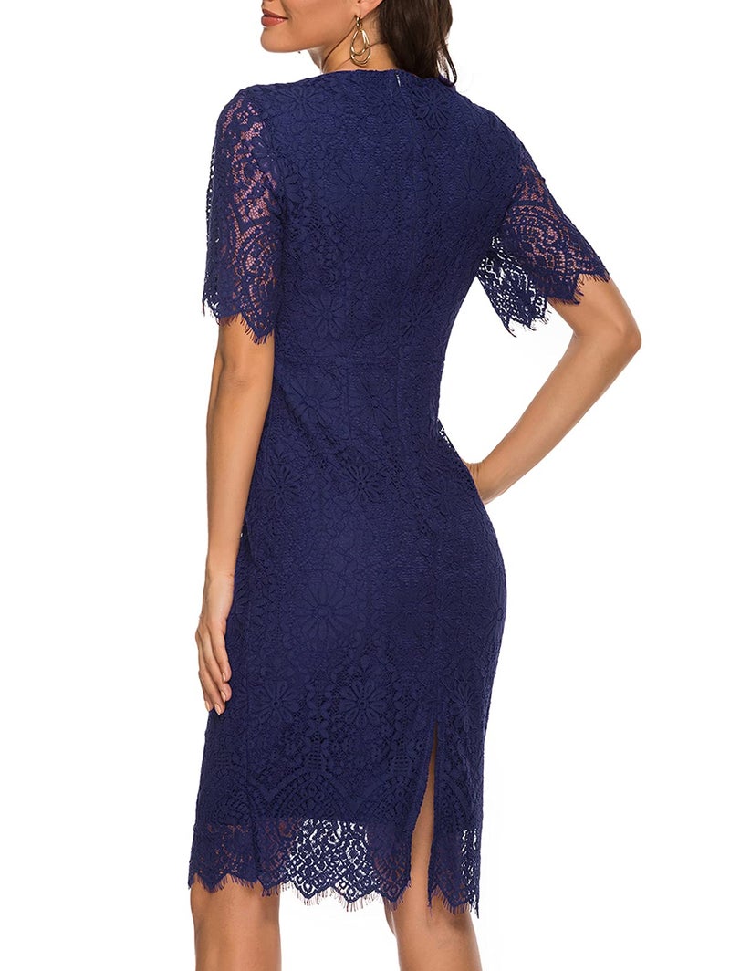 MEROKEETY Women's Short Sleeve Lace Floral Cocktail Dress Crew Neck Knee Length for Party, ShortNavy, Large - Image 4